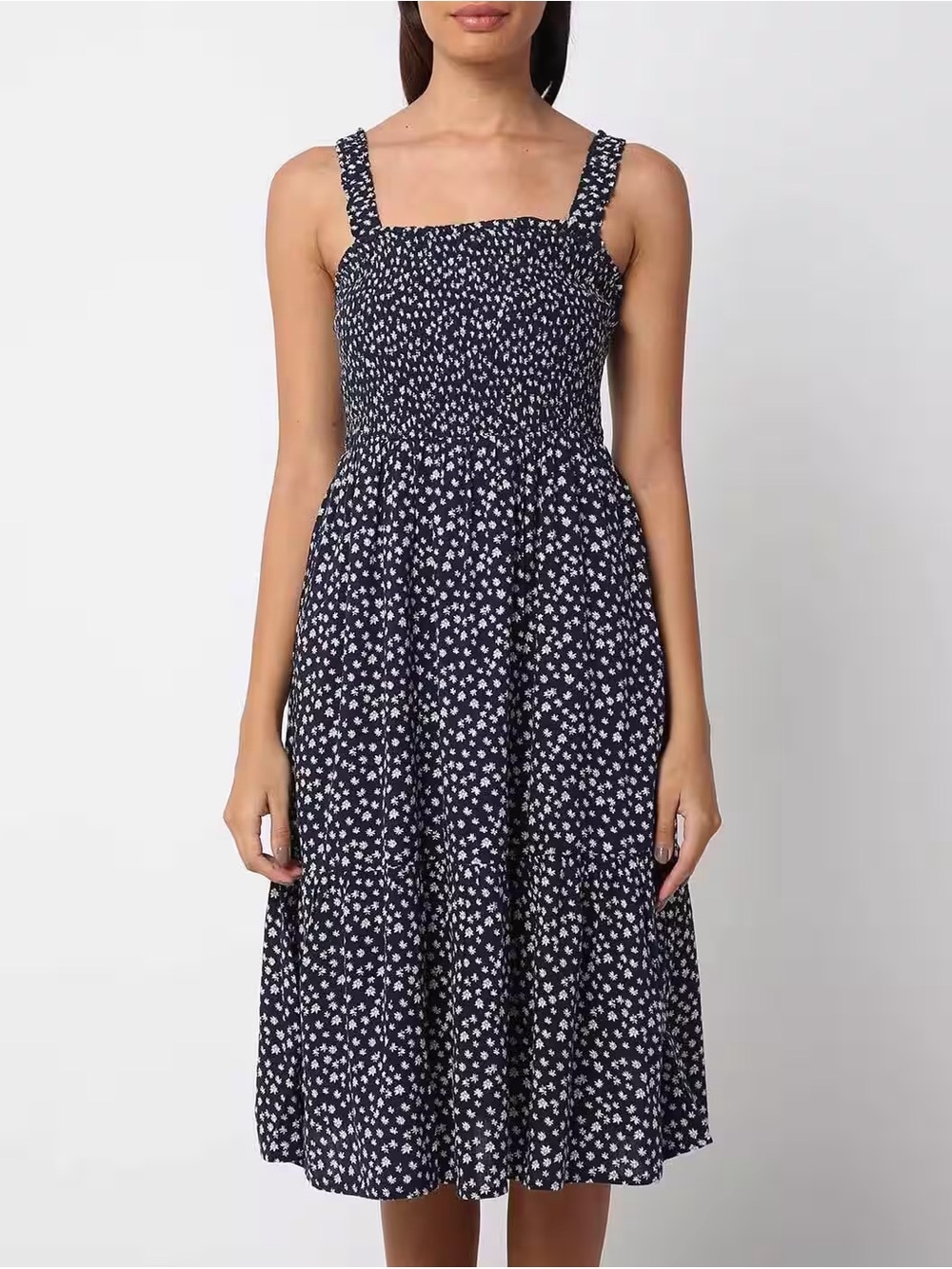 GAP Navy Floral Smocked Midi Dress